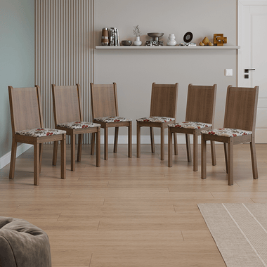 Juego de 6 Sillas Asiento Tapizado Marrón/Floral Hibiscos Madesa