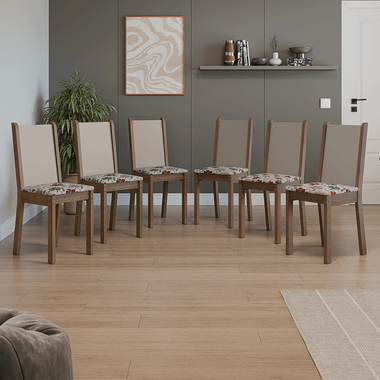 Juego de 6 Sillas Asiento Tapizado Marrón/Crema/Floral Hibiscos Madesa