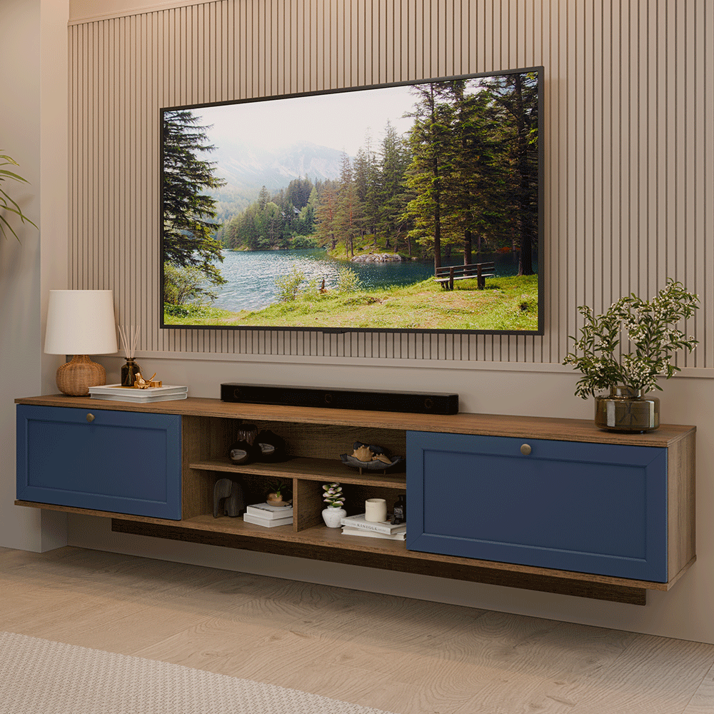 Rack Flotante para TV hasta 80 Pulgadas 218 cm 2 Puertas Marrón/Azul Vik Madesa