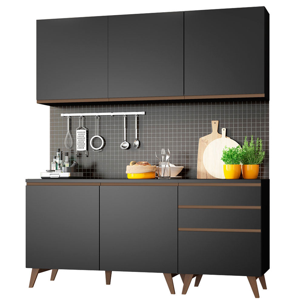Cocina Compacta 180 cm 5 Puertas y 3 Cajones Negro Reims Madesa