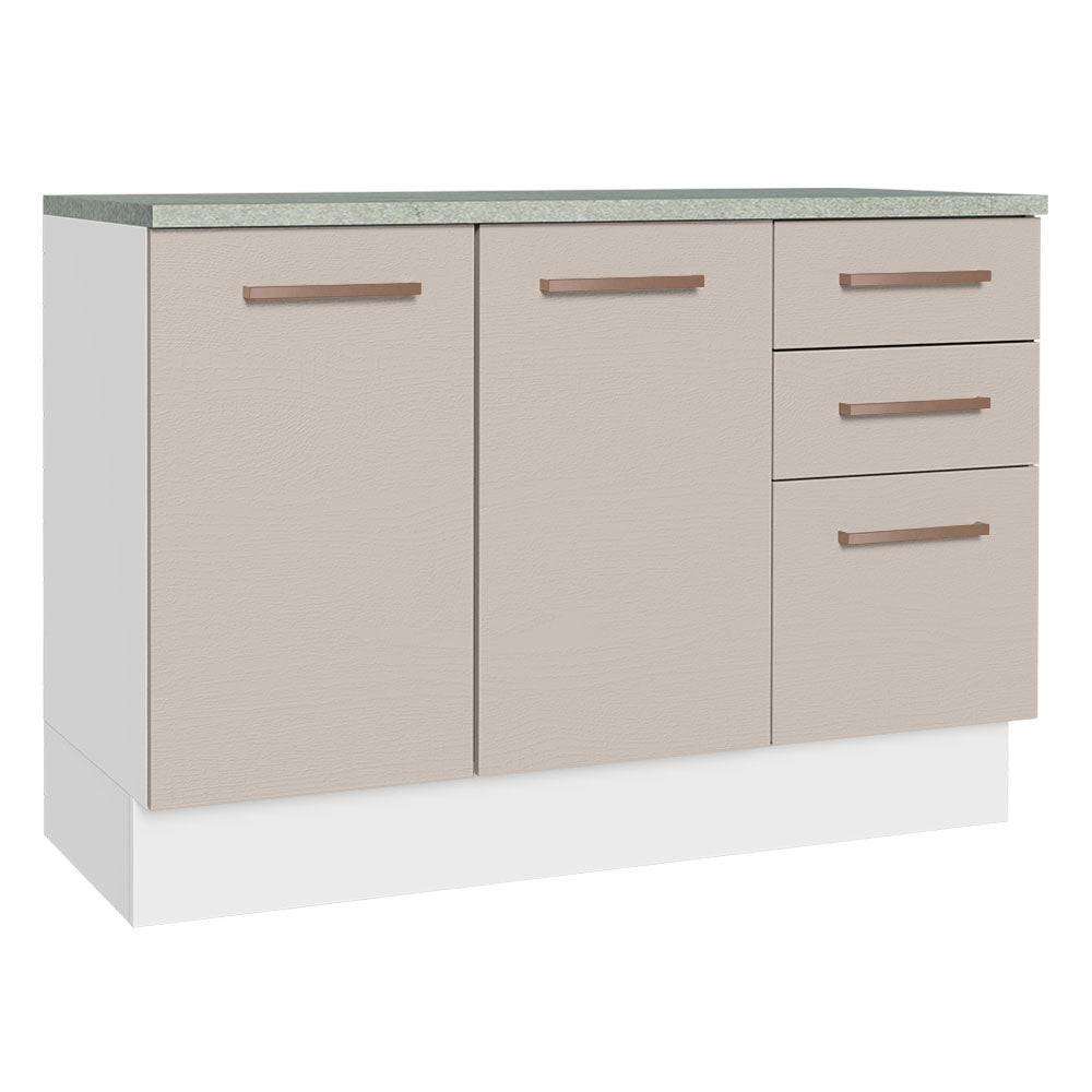 Bajo Mesada Cocina 120 cm x 60 cm, 3 Cajones 2 Puertas Agata Blanco/Crema