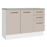Bajo Mesada Cocina 120 cm x 60 cm, 3 Cajones 2 Puertas Agata Blanco/Crema