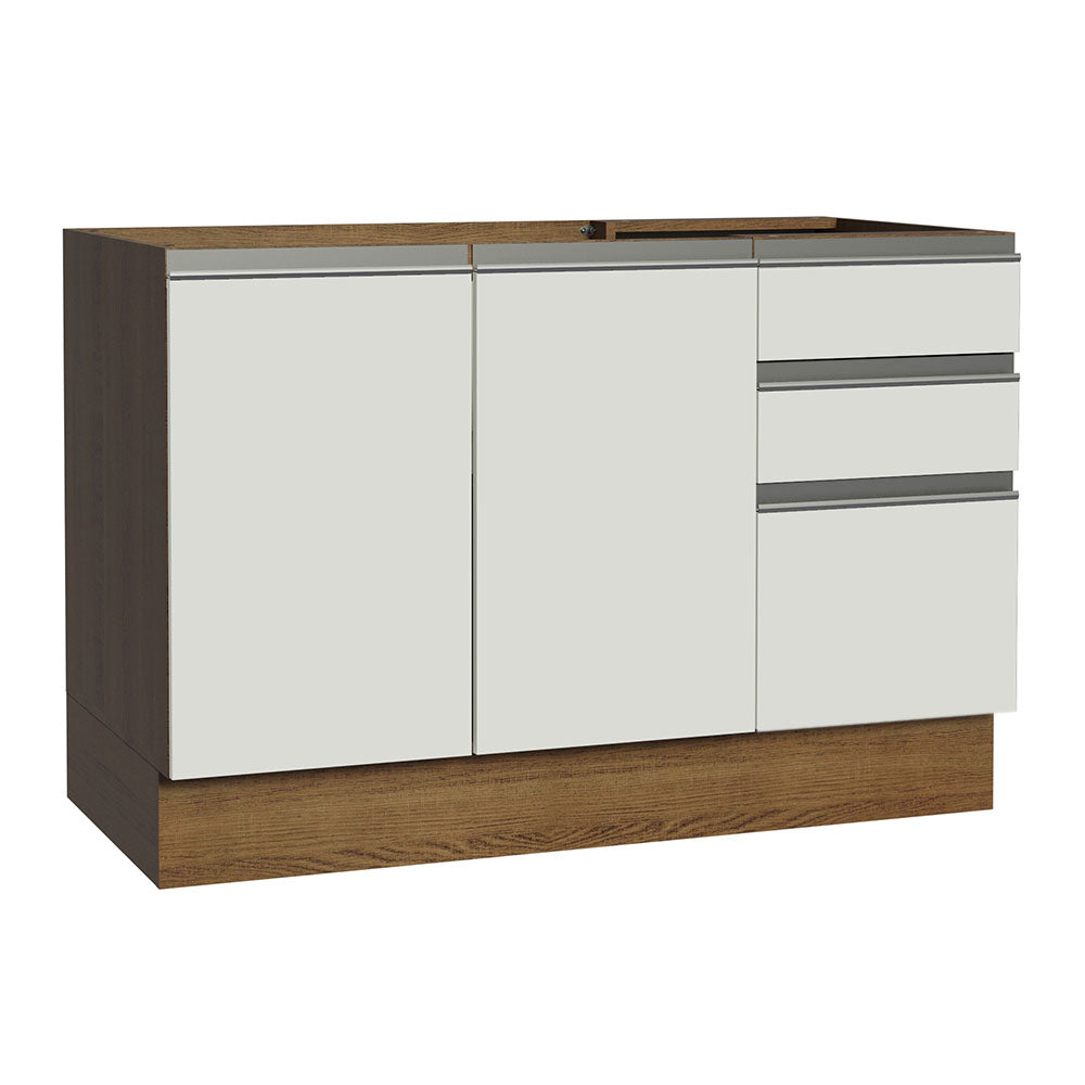 Bajo Mesada Cocina 120 cm x 60 cm, 3 Cajones 2 Puertas Glamy Marrón/Blanco