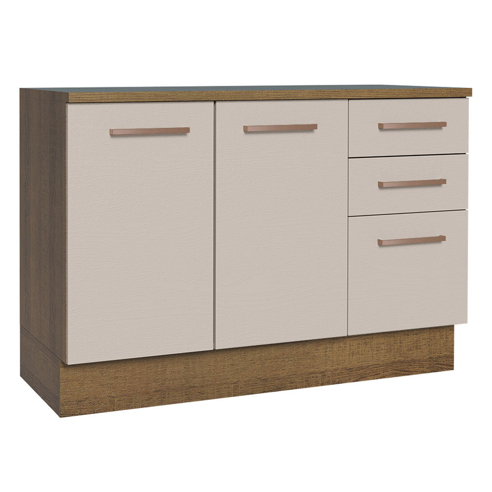 Bajo Mesada Cocina 120 cm x 60 cm, 3 Cajones 2 Puertas Agata Marrón/Crema