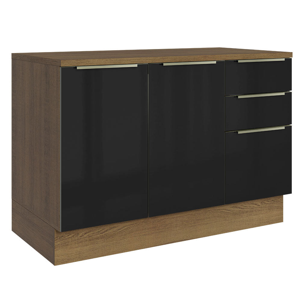 Bajo Mesada Cocina 120 cm x 60 cm, 3 Cajones 2 Puertas Lux Marrón/Negro