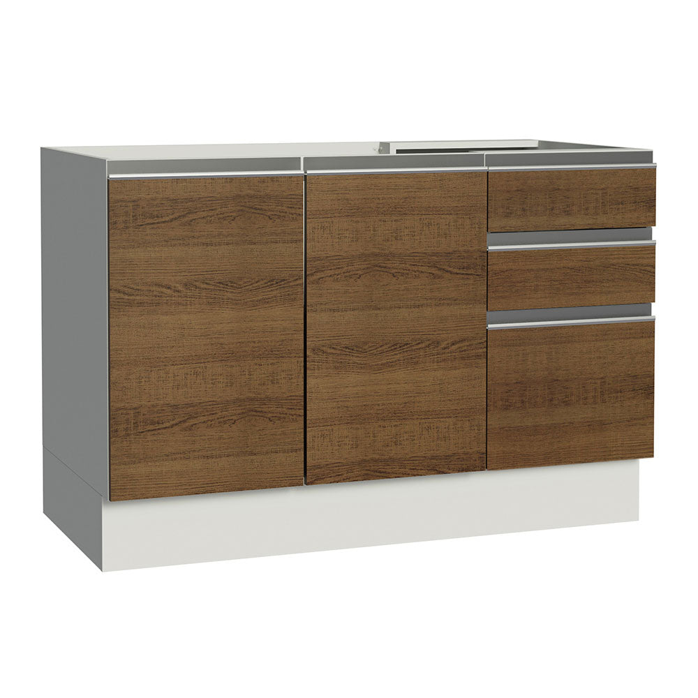 Bajo Mesada Cocina 120 cm x 60 cm, 3 Cajones 2 Puertas Glamy Blanco/Marrón