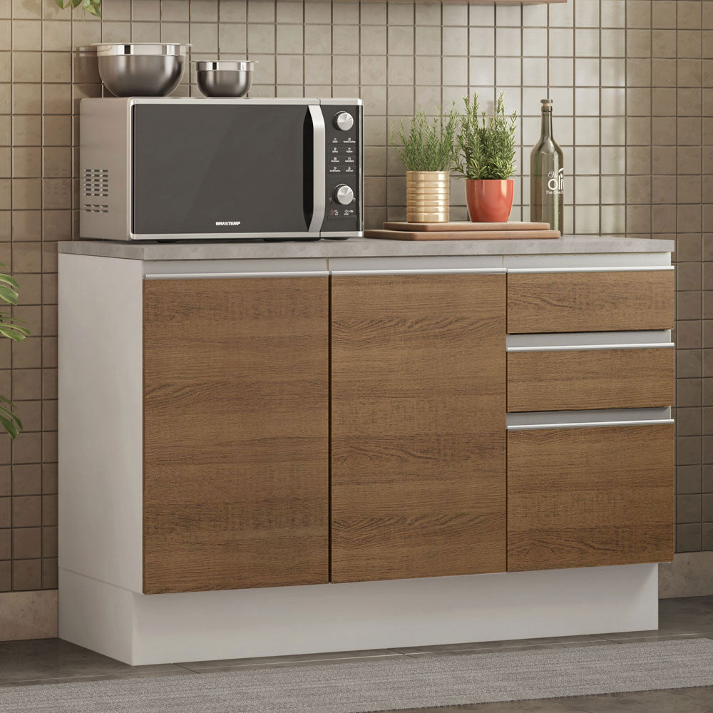 Bajo Mesada Cocina 120 x 60 cm 2 Puertas e 3 Cajones (Con Mesada) Blanco/Marrón Glamy Madesa
