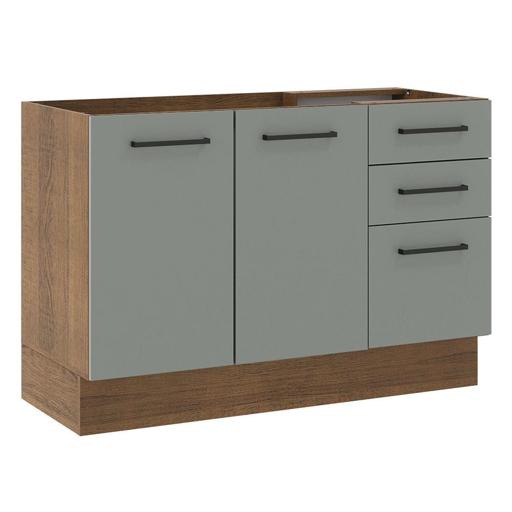 Bajo Mesada Cocina 120 cm x 60 cm, 3 Cajones 2 Puertas Agata Marrón/Gris