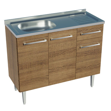 Bajo Mesada 105 cm 3 Puertas 1 Cajón Sin Mesada con Bacha de Acero Inoxidable Marrón Emilly Madesa