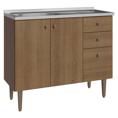 Bajo Mesada 105 cm 3 Puertas 2 Cajones con Bacha de Acero Inoxidable Marrón Gourmet Madesa