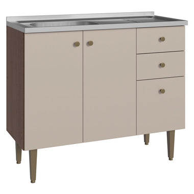 Bajo Mesada 105 cm 3 Puertas 2 Cajones con Bacha de Acero Inoxidable Marrón/Crema Gourmet Madesa