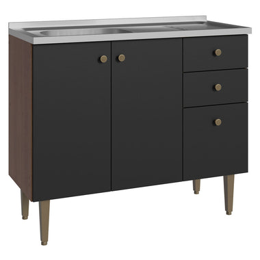 Bajo Mesada 105 cm 3 Puertas 2 Cajones con Bacha de Acero Inoxidable Marrón/Negro Gourmet Madesa