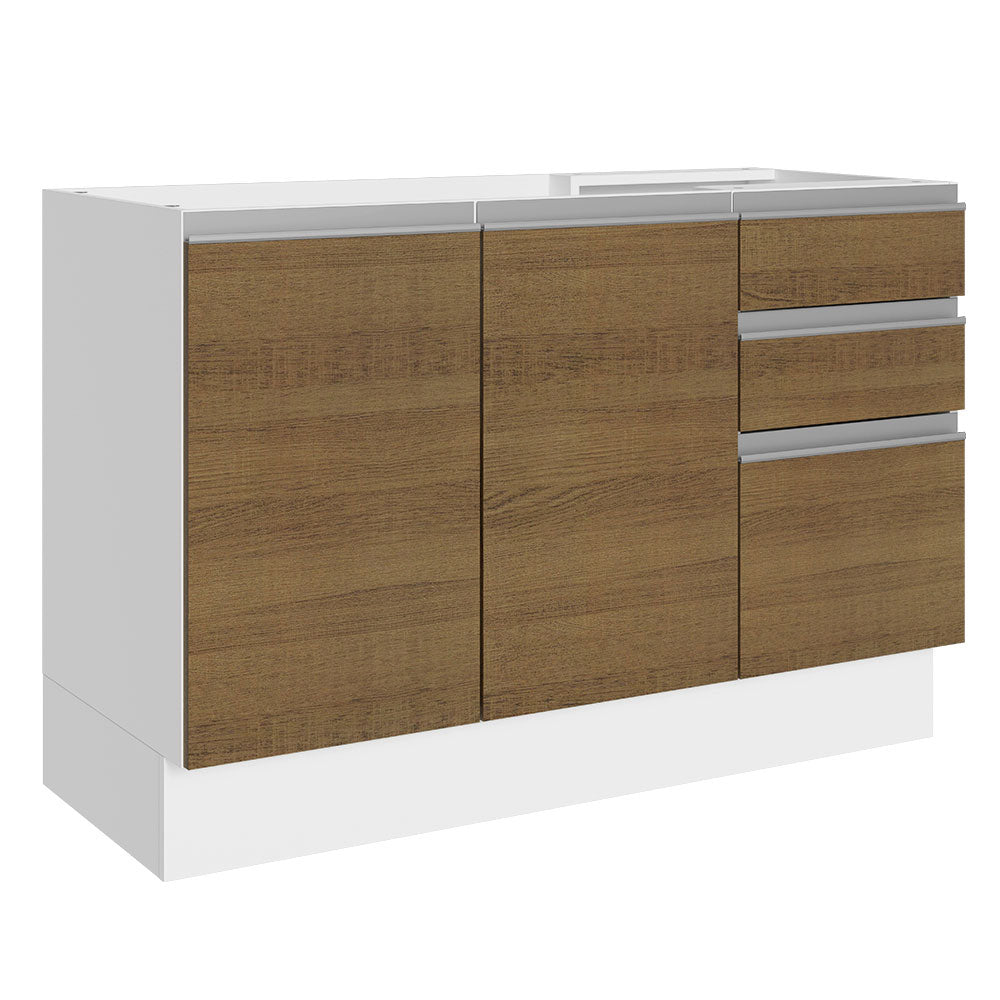 Bajo Mesada para Bacha 100% MDF 120 cm 3 Puertas e 2 Cajones Blanco/Marrón Acordes Madesa
