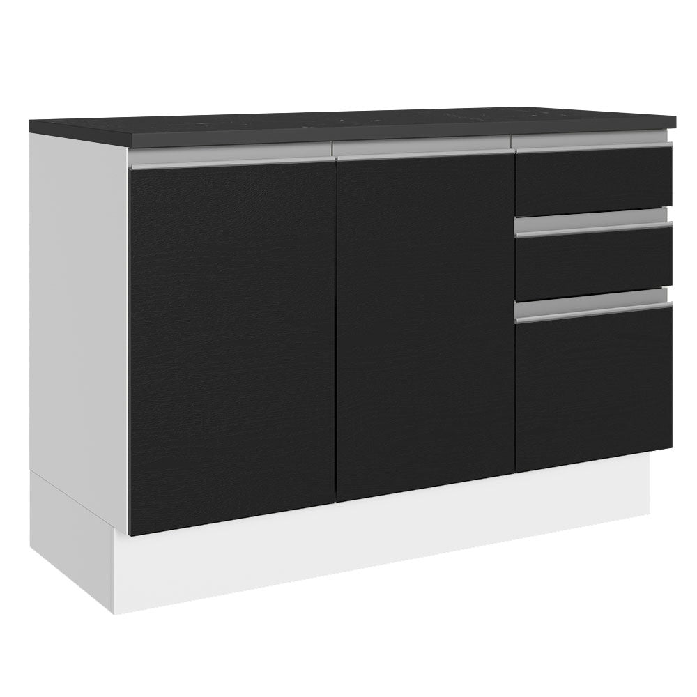 Bajo Mesada Cocina 100% MDF 120 cm 3 Puertas e 2 Cajones Blanco/Negro Acordes Madesa