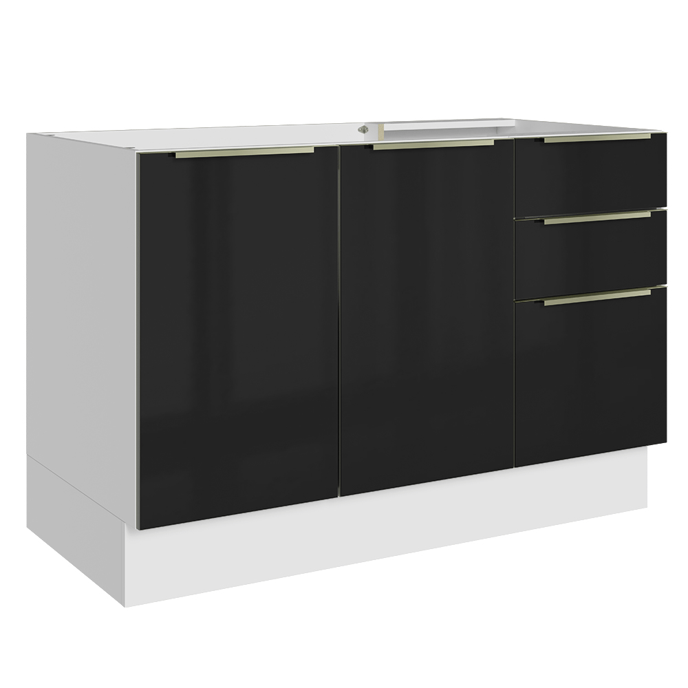 Bajo Mesada para Bacha 120 cm 2 Puetas 3 Cajones (Sin Mesada y Bacha) Blanco/Negro Lux Madesa