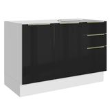 Bajo Mesada para Bacha 120 cm 2 Puetas 3 Cajones (Sin Mesada y Bacha) Blanco/Negro Lux Madesa