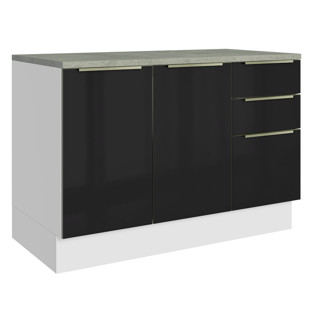 Bajo Mesada de Cocina 120 cm 2 Puetas 3 Cajones (Con Mesada) Blanco/Negro Lux Madesa