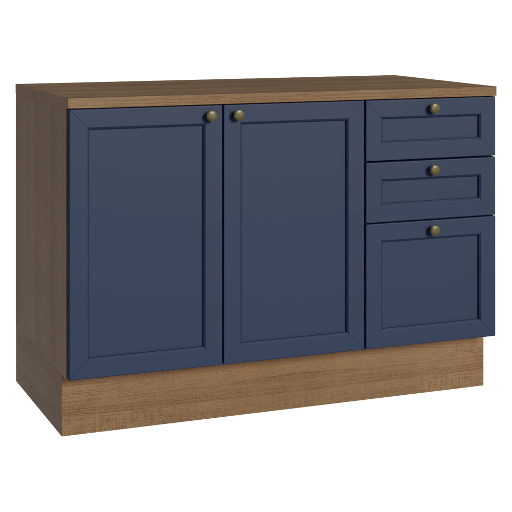 Bajo Mesada de Cocina 120 cm 2 Puertas 3 Cajones Marrón/Azul Vik Madesa