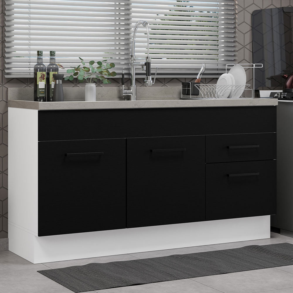 Bajo Mesada Cocina 150 cm 2 Puertas e 2 Cajones (Sin Mesada y Bacha) Blanco/Negro Agata Madesa