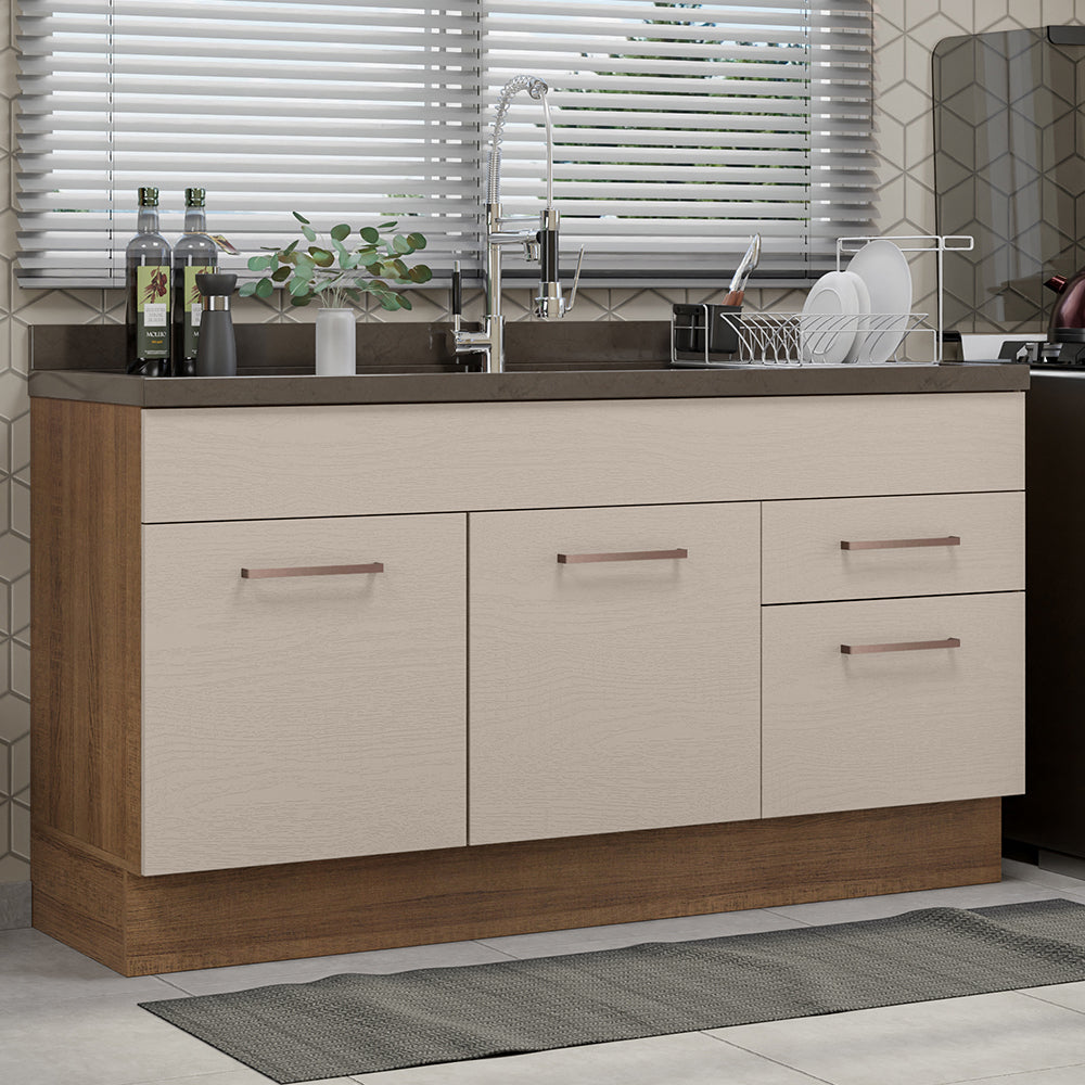 Bajo Mesada 150 cm 2 Puertas y 2 Cajones (Sin Mesada y Bacha de acero) Marrón/Crema Agata