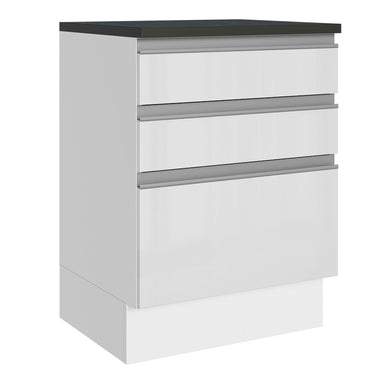 Bajo Mesada 60 cm 3 Cajones (Con Mesada) 100% MDF Frentes Brillante Blanco Acordes Madesa