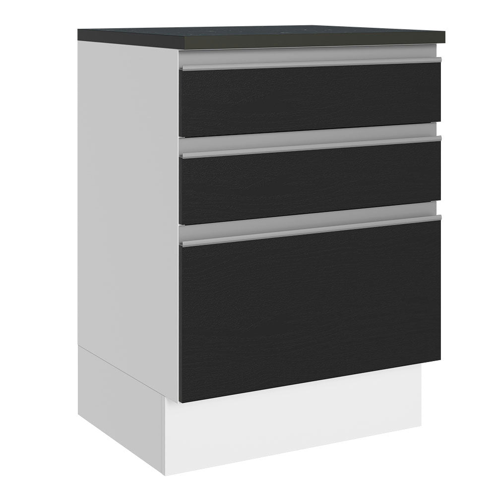 Bajo Mesada Cocina 100% MDF 60 cm 3 Cajones Blanco/Negro Acordes Madesa