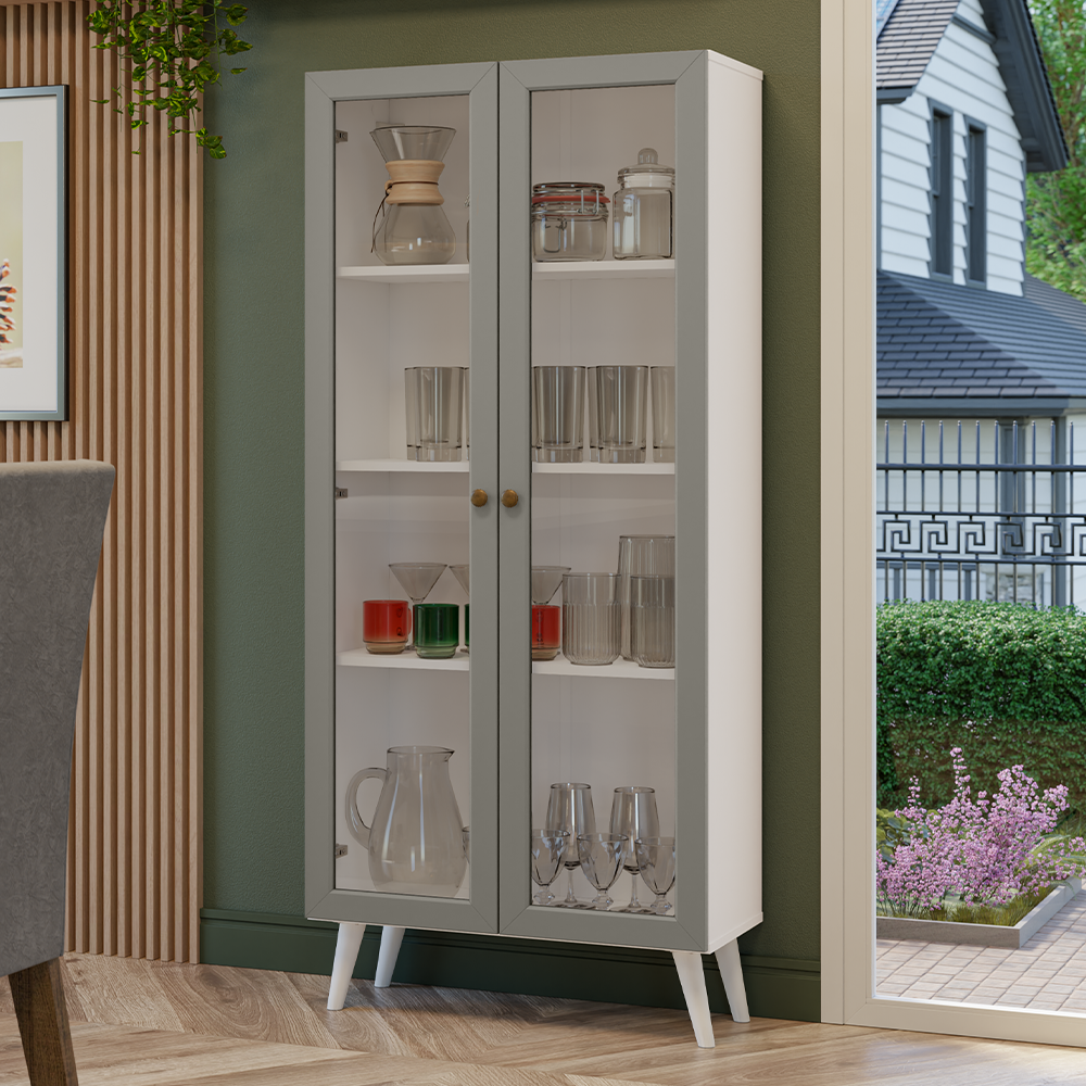 Cristalero 70 cm 2 Puertas de Vidrio con Patas Vik Blanco/Gris/Blanco