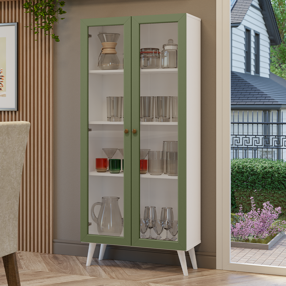 Cristalero 70 cm 2 Puertas de Vidrio con Patas Vik Blanco/Verde/Blanco