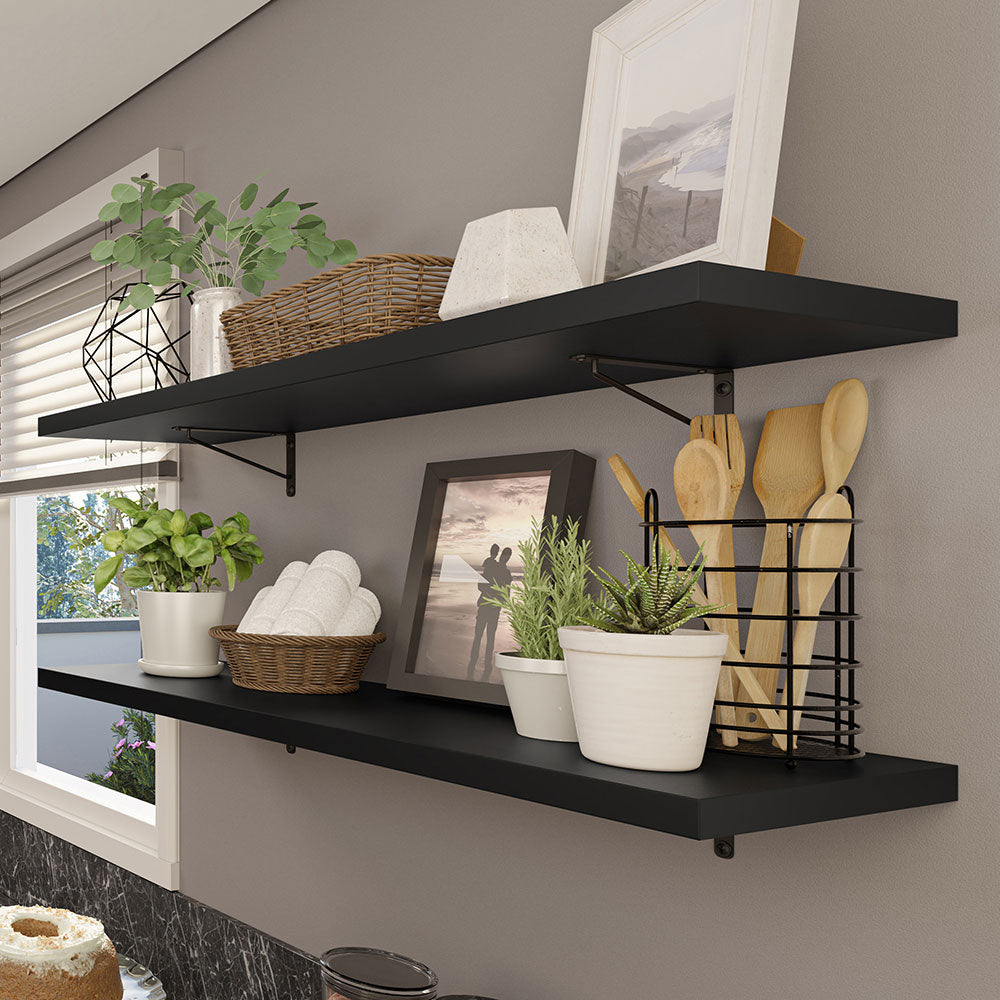 Kit de 2 Estantes de Cocina Flotantes 80 cm con Soportes, Negro