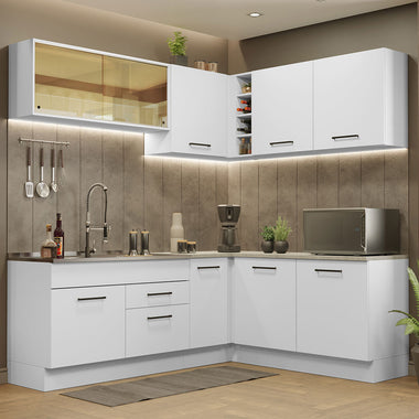 Combo completo de Cocina Esquinera 389 cm 9 Puertas 2 Cajones Sin Mesada Blanco Agata Madesa