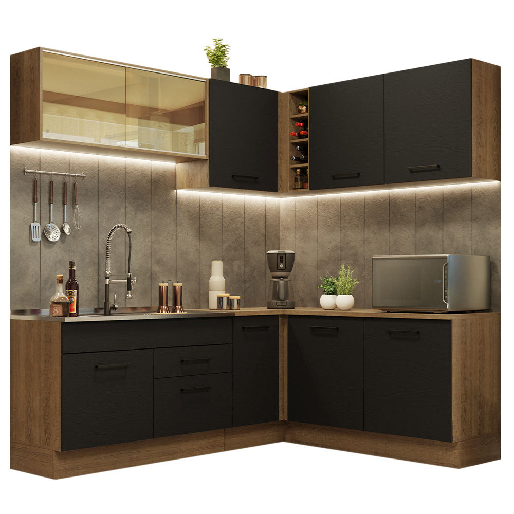 Combo completo de Cocina Esquinera 389 cm 9 Puertas 2 Cajones Sin Mesada Marrón/Negro Agata Madesa
