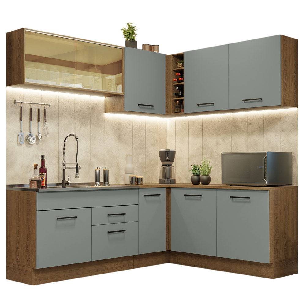 Combo completo de Cocina Esquinera 389 cm 9 Puertas 2 Cajones Sin Mesada Marrón/Gris Agata Madesa