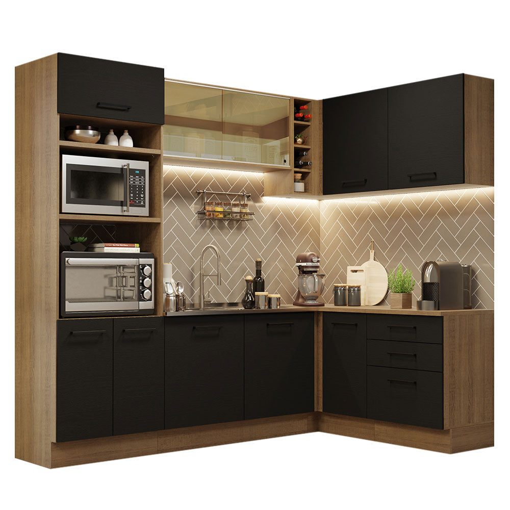 Combo completo de Cocina Esquinera 399 cm 10 Puertas 3 Cajones Sin Mesada Marrón/Negro Agata Madesa