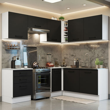 Combo completo de Cocina Esquinera 399 cm 8 Puertas 3 Cajones Sin Mesada Blanco/Negro Agata Madesa