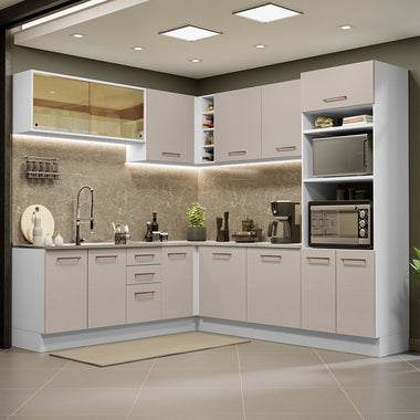Combo completo de Cocina Esquinera 459 cm 13 Puertas 3 Cajones Sin Mesada Blanco/Crema Agata Madesa