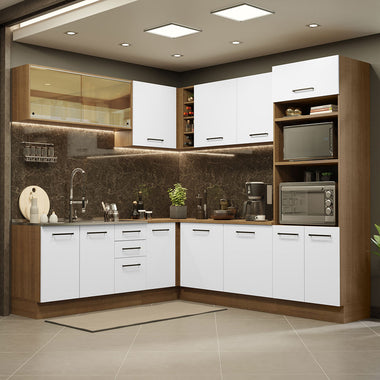 Combo completo de Cocina Esquinera 459 cm 13 Puertas 3 Cajones Sin Mesada Marrón/Blanco Agata Madesa