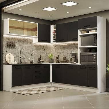 Combo completo de Cocina Esquinera 459 cm 13 Puertas 3 Cajones Sin Mesada Blanco/Negro Agata Madesa