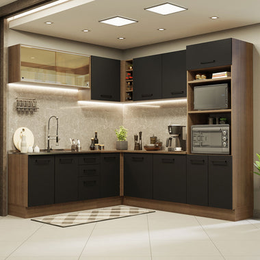 Combo completo de Cocina Esquinera 459 cm 13 Puertas 3 Cajones Sin Mesada Marrón/Negro Agata Madesa