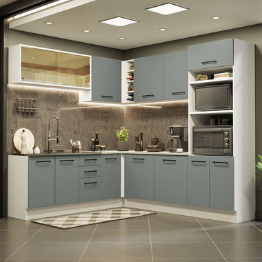 Combo completo de Cocina Esquinera 459 cm 13 Puertas 3 Cajones Sin Mesada Blanco/Gris Agata Madesa