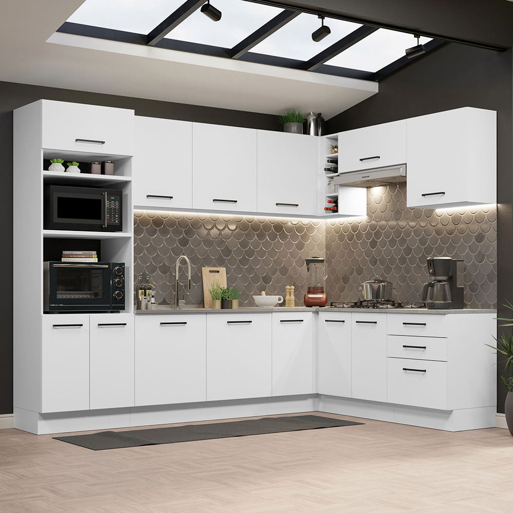 Combo completo de Cocina Esquinera 479 cm 13 Puertas 3 Cajones Sin Mesada Blanco Agata Madesa
