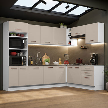 Combo completo de Cocina Esquinera 479 cm 13 Puertas 3 Cajones Sin Mesada Blanco/Crema Agata Madesa