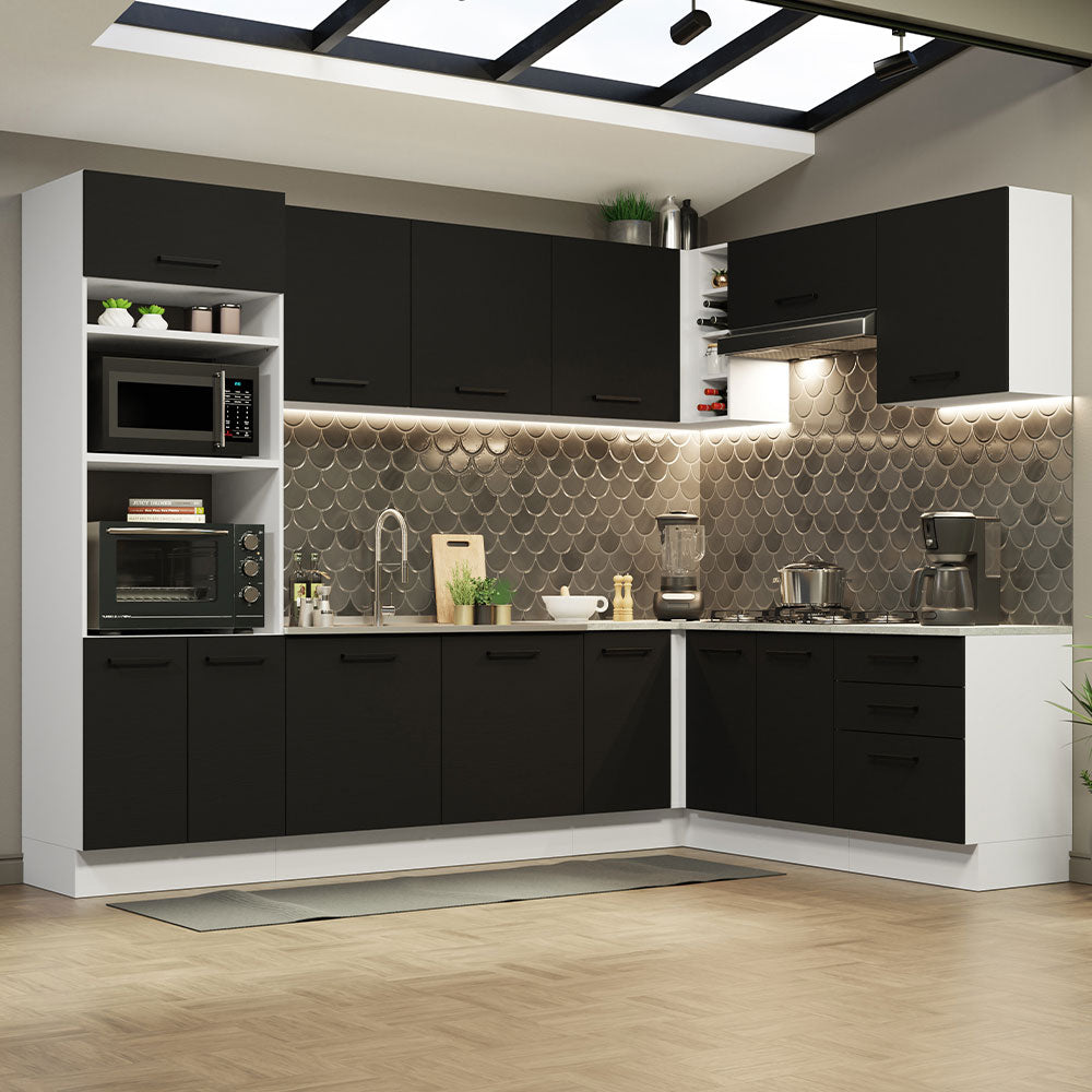 Combo completo de Cocina Esquinera 479 cm 13 Puertas 3 Cajones Sin Mesada Blanco/Negro Agata Madesa