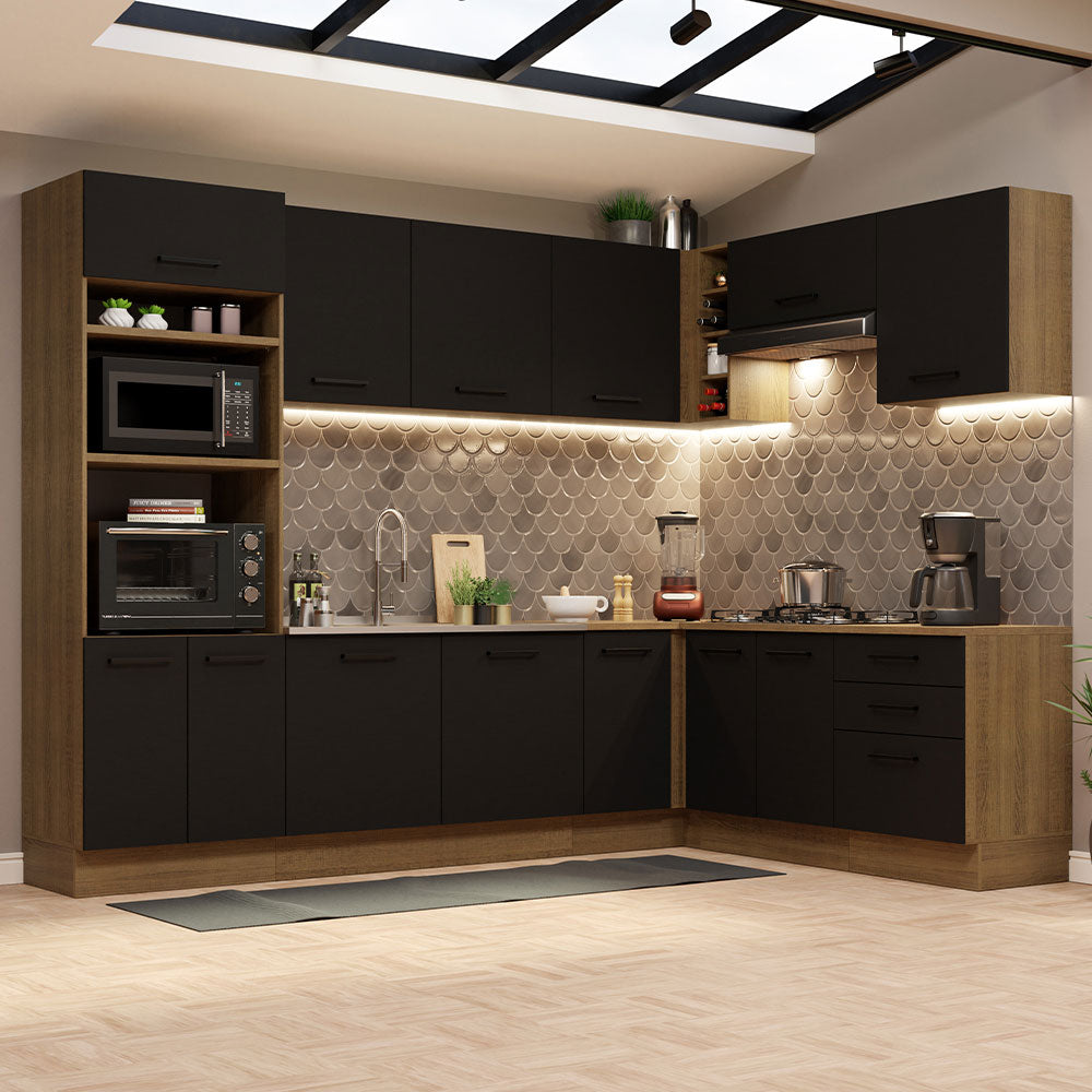 Combo completo de Cocina Esquinera 479 cm 13 Puertas 3 Cajones Sin Mesada Marrón/Negro Agata Madesa