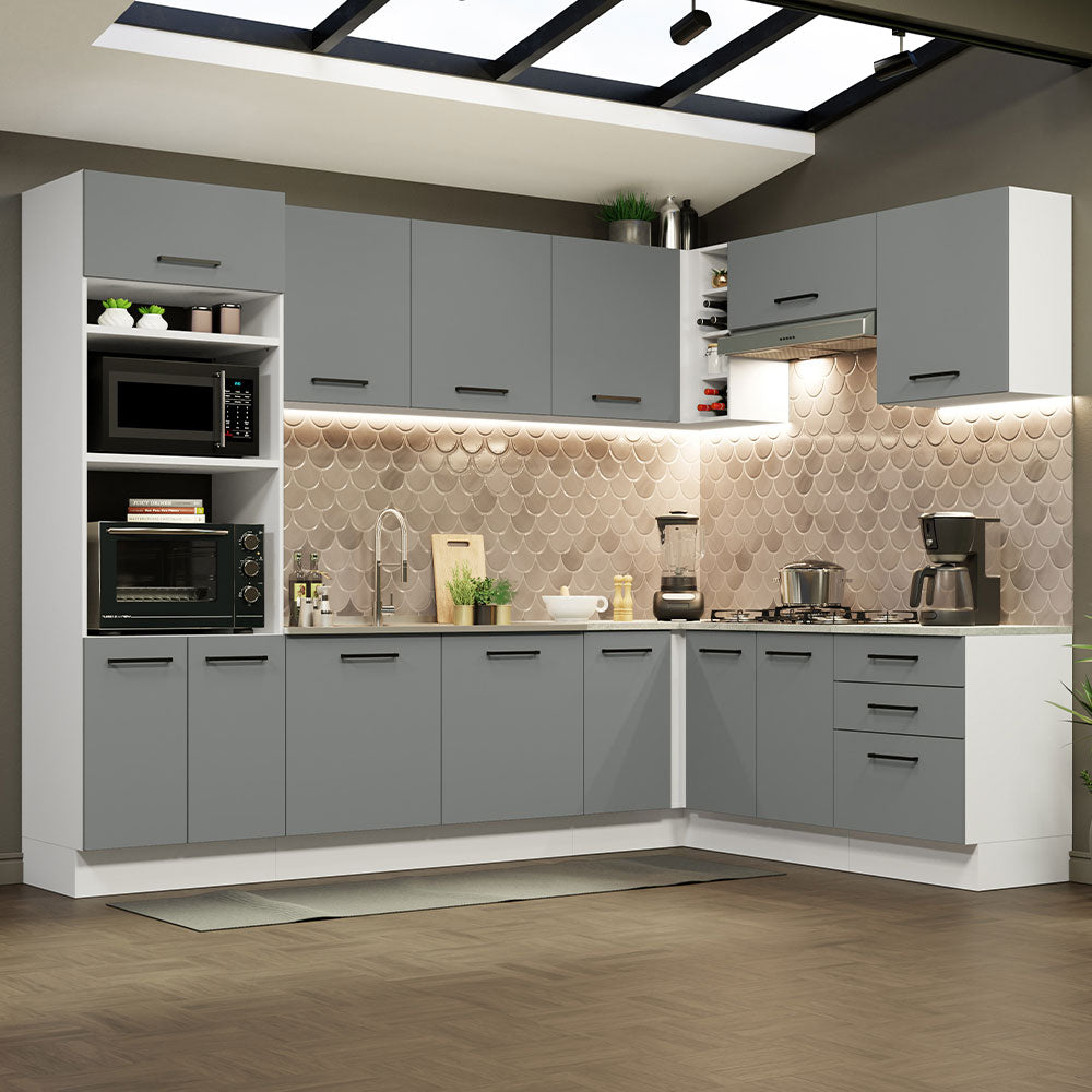Combo completo de Cocina Esquinera 479 cm 13 Puertas 3 Cajones Sin Mesada Blanco/Gris Agata Madesa
