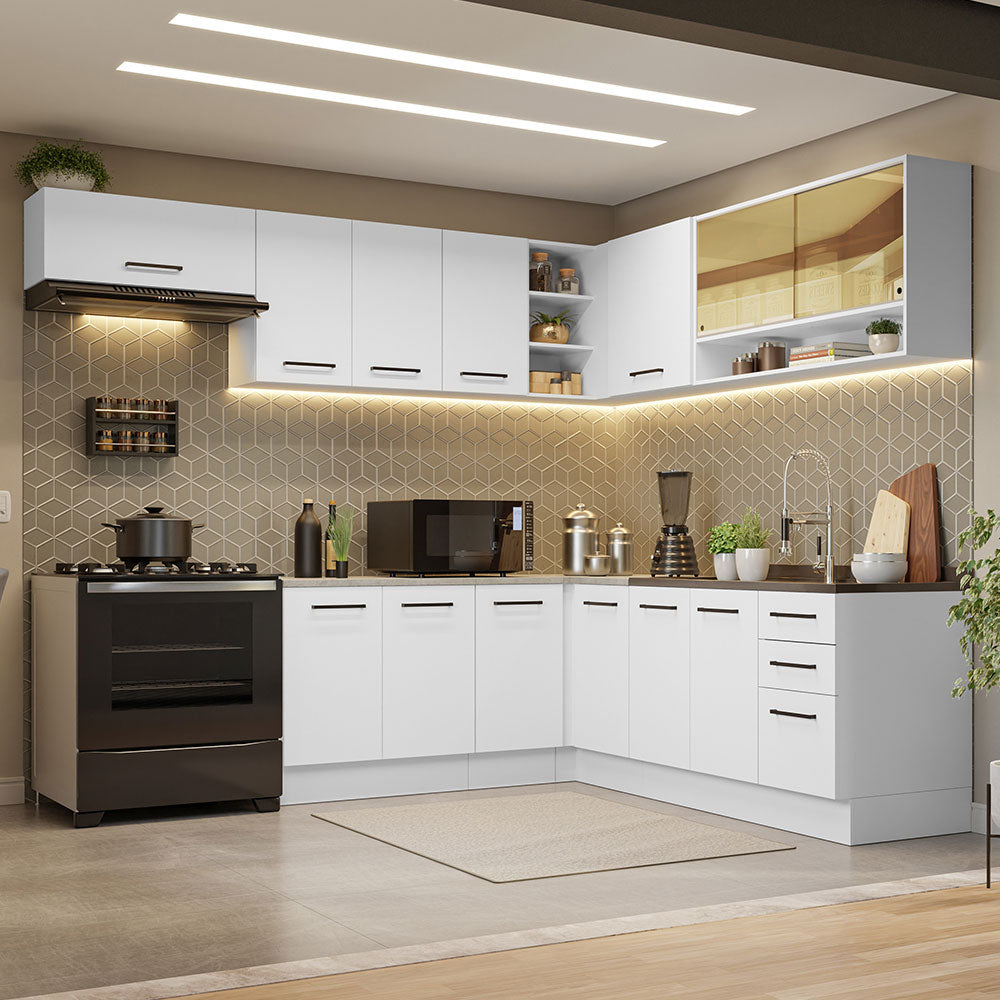 Combo completo de Cocina Esquinera 486 cm 13 Puertas 3 Cajones Sin Mesada Blanco Agata Madesa
