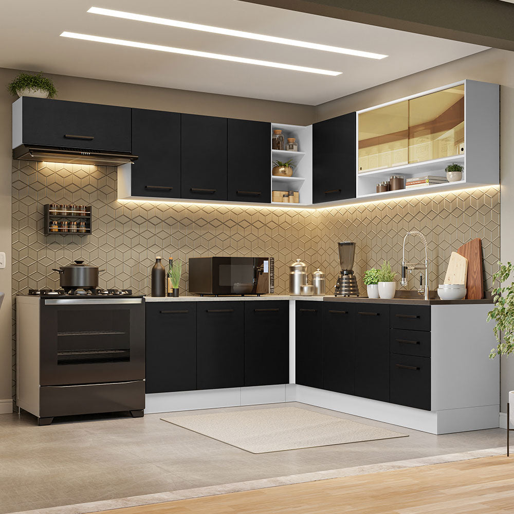 Combo Completo de Cocina Esquinera 486 cm Blanco/Negro 60 cm de Profundidad Agata Madesa 01
