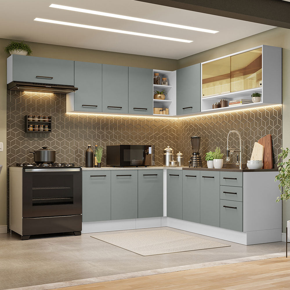 Combo completo de Cocina Esquinera 486 cm 13 Puertas 3 Cajones Sin Mesada Blanco/Gris Agata Madesa