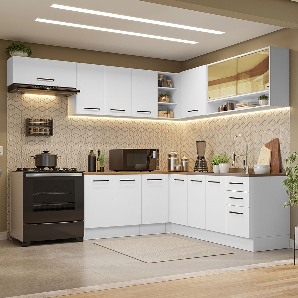 Combo completo de Cocina Esquinera 486cm Blanco con mesada Marrón 60cm fondo Agata Madesa 01