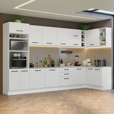 Combo completo de Cocina Esquinera 499 cm 14 Puertas 3 Cajones Sin Mesada Blanco Agata Madesa