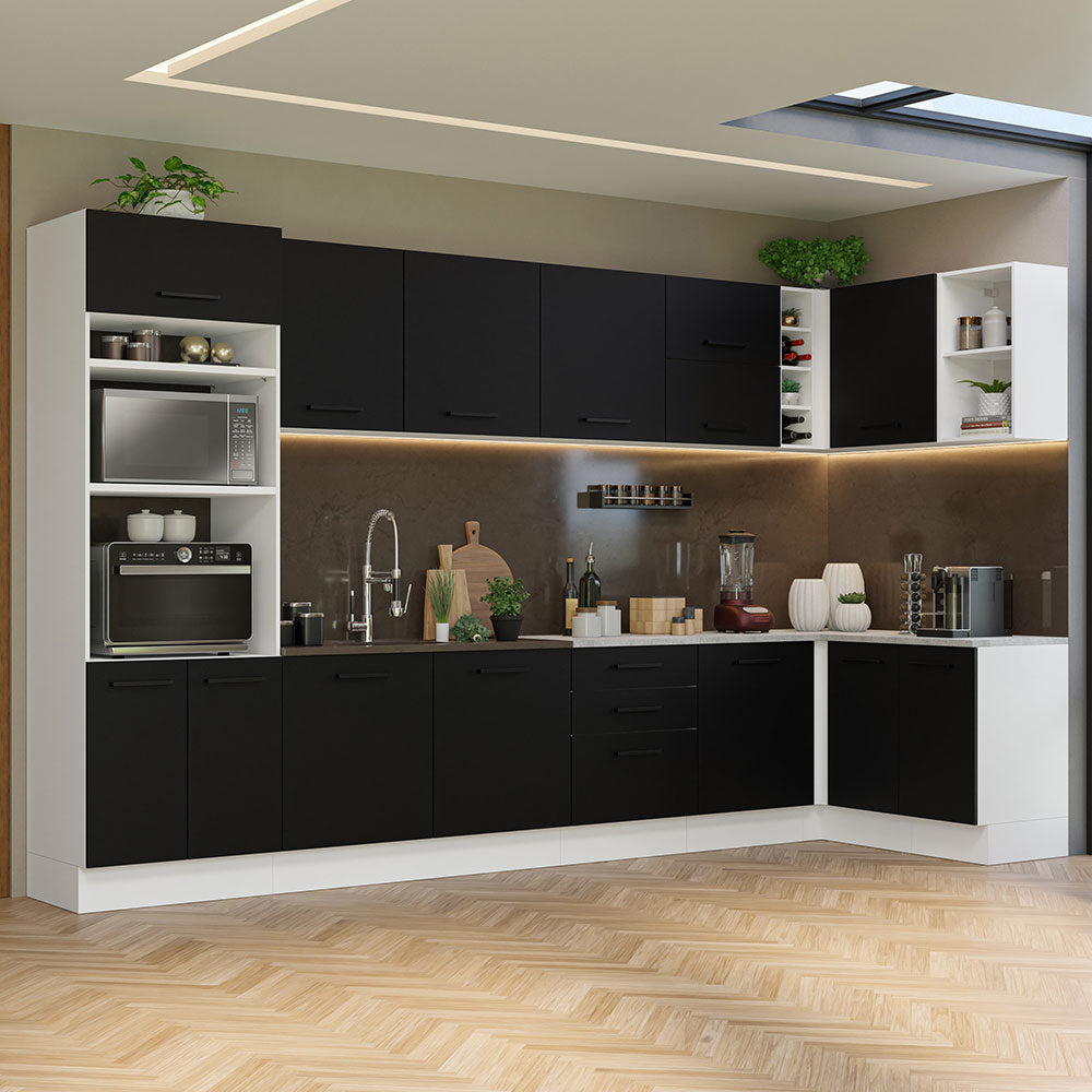 Combo completo de Cocina Esquinera 499 cm 14 Puertas 3 Cajones Sin Mesada Blanco/Negro Agata Madesa